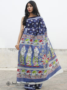 Indigo Blue Ivory Hand Block Printed Cotton Saree With Maroon Green Kalamkari Printed Pallu - S031702390