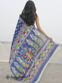 Indigo Blue Ivory Hand Block Printed Cotton Saree With Maroon Green Kalamkari Printed Pallu - S031702390