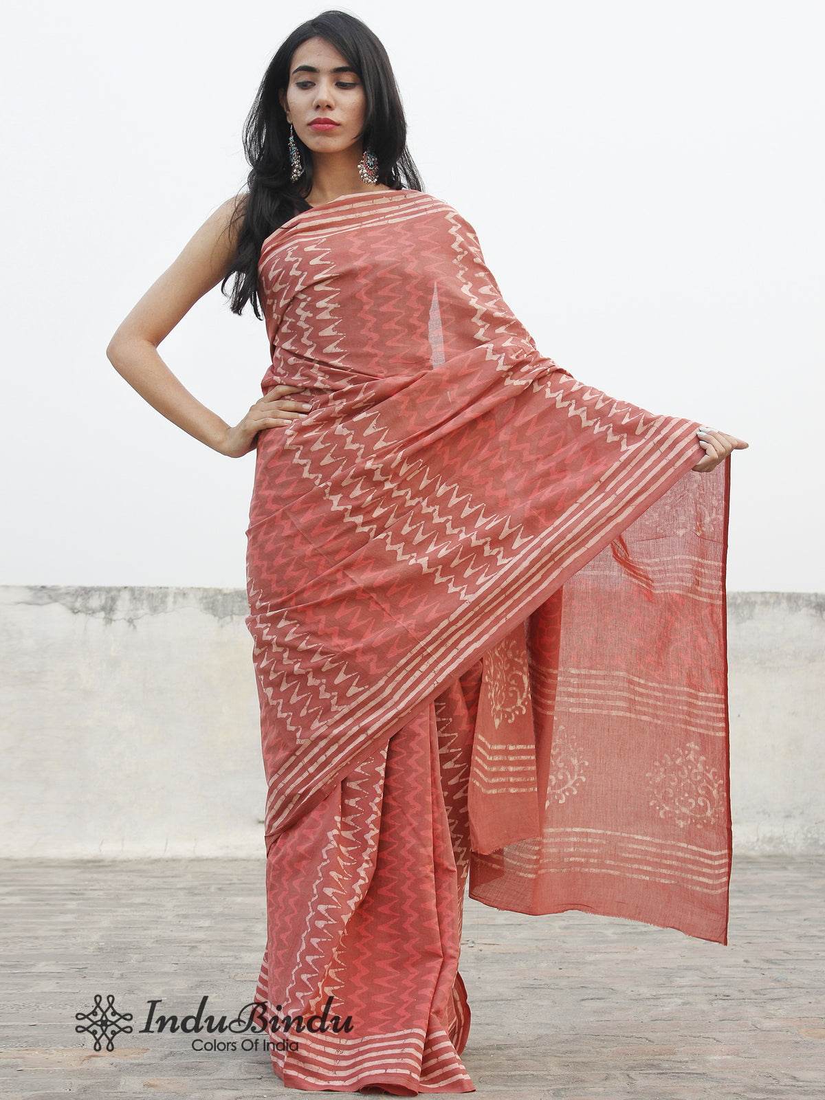 Rust Pink Ivory Hand Block Printed Cotton Saree - S031702391