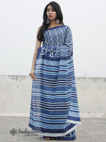 Indigo Blue White Hand Block Printed Cotton Saree In Natural Colors - S031702393