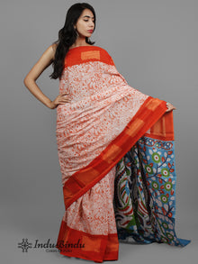 Orange Red White Hand Batik Printed Cotton Saree With Kalamkari Printed Pallu - S031702396