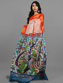 Orange Red White Hand Batik Printed Cotton Saree With Kalamkari Printed Pallu - S031702396