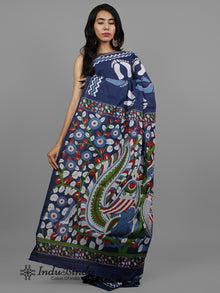 Indigo Blue White Hand Block Printed Cotton Saree With Kalamkari Printed Pallu - S031702398