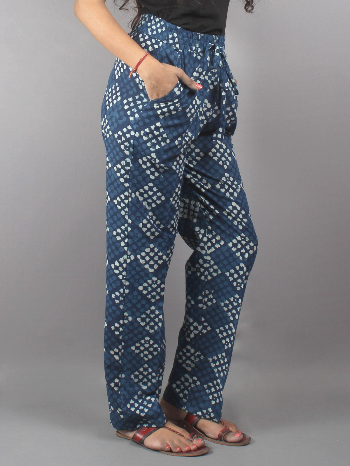 Indigo Hand Block Printed Elasticated Waist Trousers- T0317024