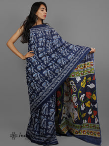 Indigo Blue White Hand Block Printed Cotton Saree With Kalamkari Printed Pallu - S031702403