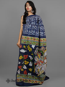 Indigo Blue White Hand Block Printed Cotton Saree With Kalamkari Printed Pallu - S031702403