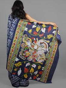Indigo Blue White Hand Block Printed Cotton Saree With Kalamkari Printed Pallu - S031702403