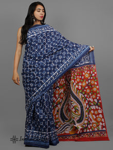 Indigo Blue White Hand Block Printed Cotton Saree With Kalamkari Printed Pallu - S031702408