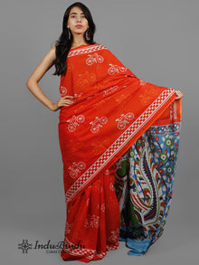 Red Ivory Hand Block Printed Cotton Saree With Kalamkari Printed Pallu - S031702422