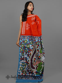 Red Ivory Hand Block Printed Cotton Saree With Kalamkari Printed Pallu - S031702422
