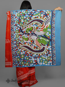 Red Ivory Hand Block Printed Cotton Saree With Kalamkari Printed Pallu - S031702422