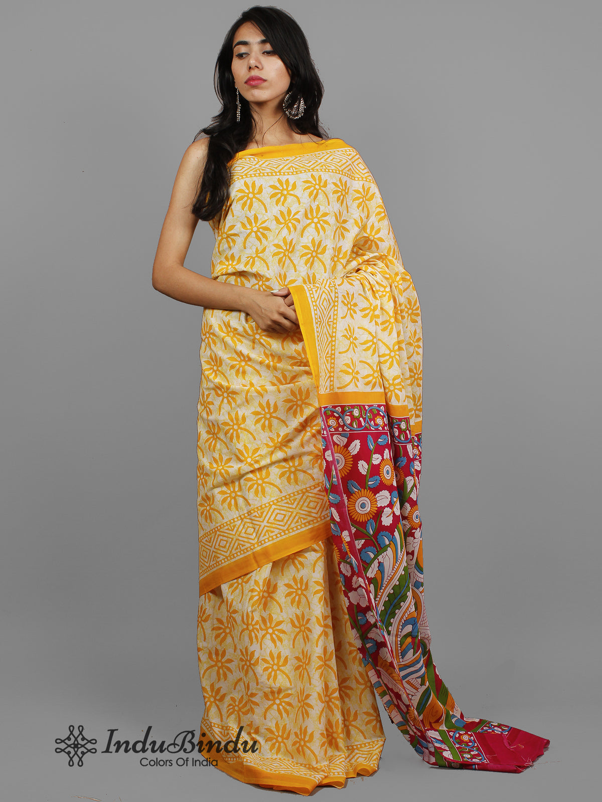 Yellow Ivory Hand Block Printed Cotton Saree With Kalamkari Printed Pallu - S031702424