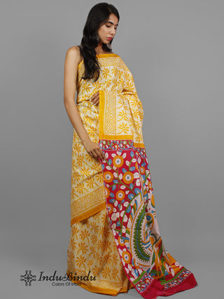 Yellow Ivory Hand Block Printed Cotton Saree With Kalamkari Printed Pallu - S031702424