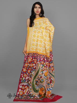 Yellow Ivory Hand Block Printed Cotton Saree With Kalamkari Printed Pallu - S031702424