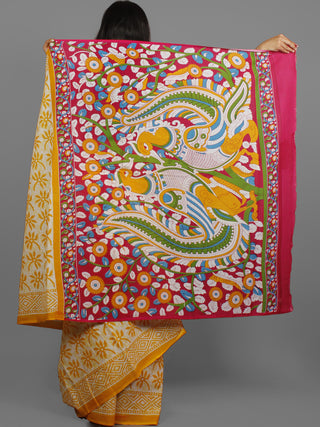 Yellow Ivory Hand Block Printed Cotton Saree With Kalamkari Printed Pallu - S031702424