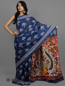 Indigo White Hand Block Printed Cotton Saree With Kalamkari Printed Pallu - S031702428