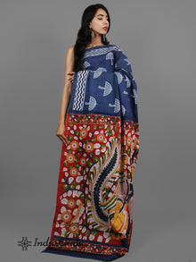 Indigo White Hand Block Printed Cotton Saree With Kalamkari Printed Pallu - S031702428