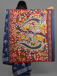 Indigo White Hand Block Printed Cotton Saree With Kalamkari Printed Pallu - S031702428