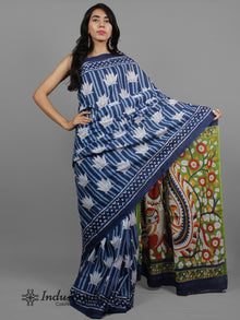 Indigo Blue White Hand Block Printed Cotton Saree With Kalamkari Printed Pallu - S031702431