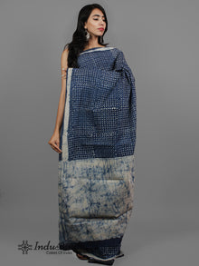 Indigo Ivory Hand Block Printed Cotton Saree in Natural Colors - S031702433