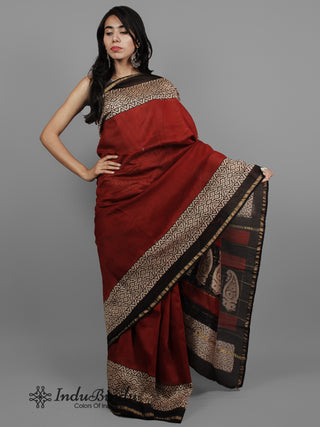 Maroon Beige Black Hand Block Printed Chanderi Saree - S031702434