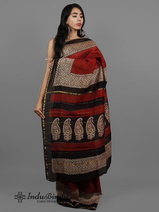 Maroon Beige Black Hand Block Printed Chanderi Saree - S031702434