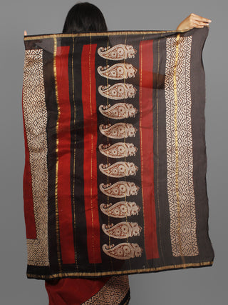 Maroon Beige Black Hand Block Printed Chanderi Saree - S031702434