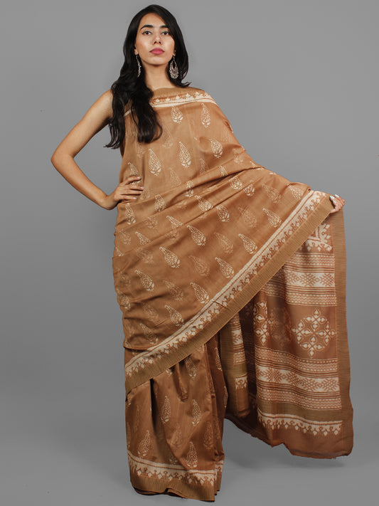 Brown Ivory Chanderi Silk Hand Block Printed Saree With Ghicha Border - S031702436