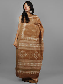 Brown Ivory Chanderi Silk Hand Block Printed Saree With Ghicha Border - S031702436