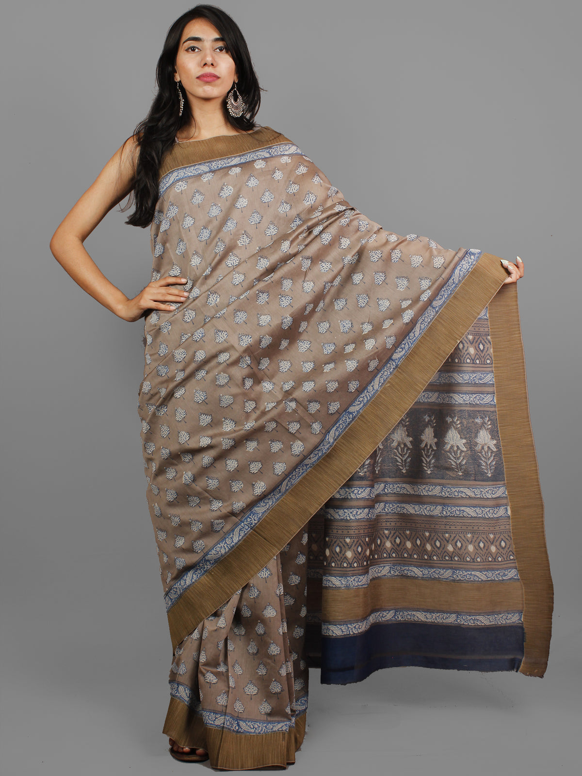 Kashish Ivory Indigo Chanderi Silk Hand Block Printed Saree With Ghicha Border - S031702437