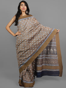 Kashish Ivory Indigo Chanderi Silk Hand Block Printed Saree With Ghicha Border - S031702437