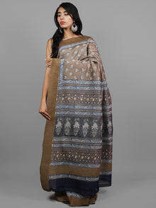 Kashish Ivory Indigo Chanderi Silk Hand Block Printed Saree With Ghicha Border - S031702437