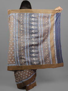 Kashish Ivory Indigo Chanderi Silk Hand Block Printed Saree With Ghicha Border - S031702437