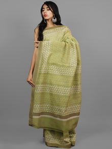 Light Green Ivory Chanderi Silk Hand Block Printed Saree With Ghicha Border - S031702439