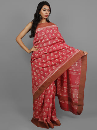 Pink Ivory Chanderi Silk Hand Block Printed Saree With Ghicha Border - S031702441