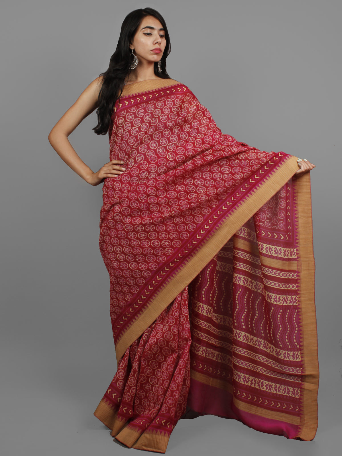 Rosewood Pink Beige Chanderi Silk Hand Block Printed Saree With Ghicha Border - S031702443