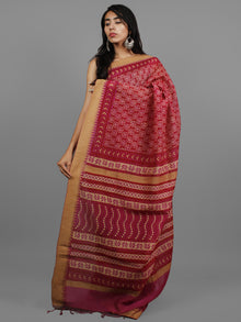 Rosewood Pink Beige Chanderi Silk Hand Block Printed Saree With Ghicha Border - S031702443