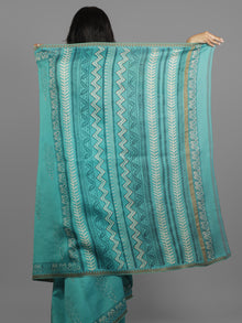 Teal Green Ivory Chanderi Silk Hand Block Printed Saree With Ghicha Border - S031702444