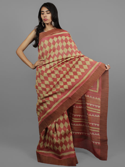 Dark Peach Beige Chanderi Hand Block Printed Saree With Ghicha Border - S031702446