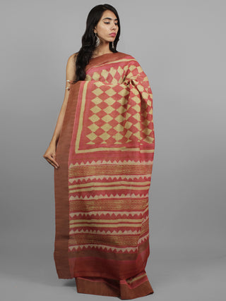Dark Peach Beige Chanderi Hand Block Printed Saree With Ghicha Border - S031702446