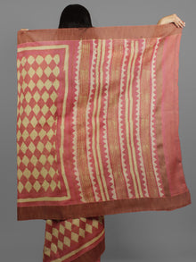 Dark Peach Beige Chanderi Hand Block Printed Saree With Ghicha Border - S031702446
