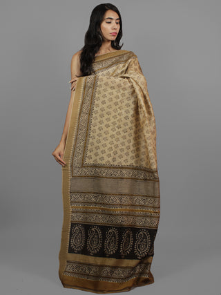 Beige Black Chanderi Hand Block Printed Saree With Ghicha Border - S031702447