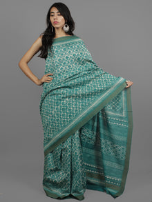 Green Ivory Chanderi Hand Block Printed Saree With Ghicha Border - S031702448
