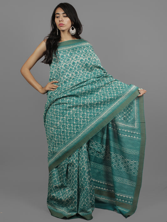 Green Ivory Chanderi Hand Block Printed Saree With Ghicha Border - S031702448