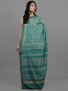 Green Ivory Chanderi Hand Block Printed Saree With Ghicha Border - S031702448