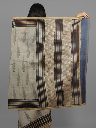 Beige Black Chanderi Hand Block Printed Saree With Ghicha Border - S031702449