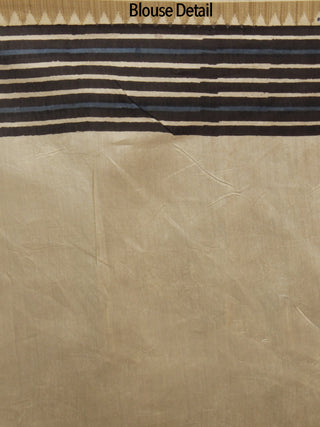 Beige Black Chanderi Hand Block Printed Saree With Ghicha Border - S031702449