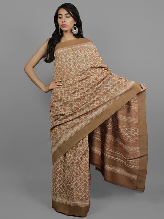 Brown Ivory Chanderi Hand Block Printed Saree With Ghicha Border - S031702450