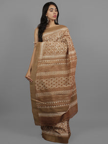 Brown Ivory Chanderi Hand Block Printed Saree With Ghicha Border - S031702450