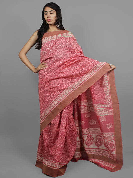 Pink Ivory Chanderi Hand Block Printed Saree With Ghicha Border - S031702451
